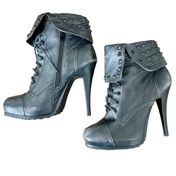 Bronx Black Distressed Leather Renna Gade Studded Stiletto Bootie Size 10 - Picture 7 of 13